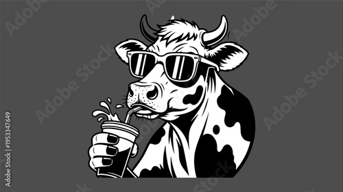 Cow Wearing Sunglasses Drinking from a Straw.
