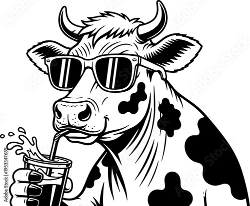 Cow Wearing Sunglasses Drinking from Glass.
