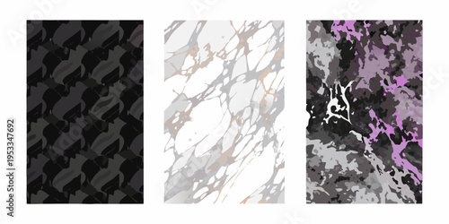 Abstract marble textures in black white and purple color schemes