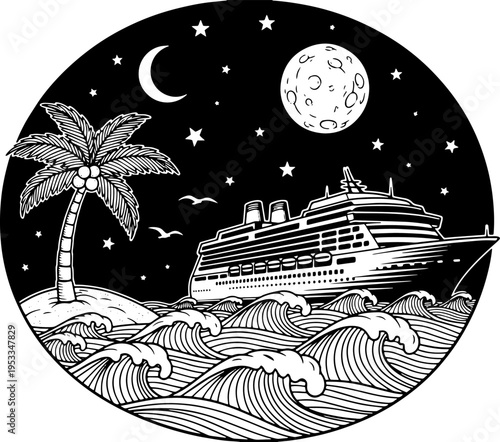 Cruise Ship Sailing Under Moonlight Illustration.