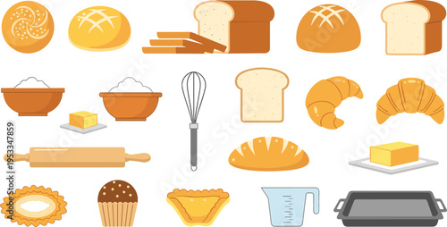 Bakery and Baking Tools Vector Illustration Set with Bread, Croissant, Muffin, Rolling Pin, Whisk, Ingredients, and Pastry Items Collection