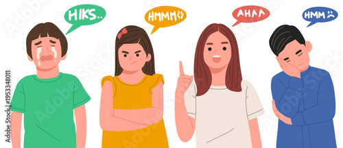 Flat vector illustration of kids expressing emotions with speech bubbles. Modern minimal style with bright colors, perfect for education, emotional learning, UI design, stickers, and social media 