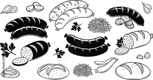 Assorted Bread and Sausage Collection with Herbs and Spices Hand Drawn Black Vector Food Illustration Set