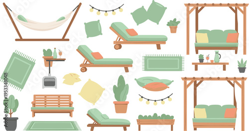 Outdoor garden furniture vector set with hammock, lounge chairs, pergola sofa and patio decor, cozy relaxation illustration