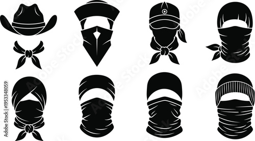 Bandana and Face Covering Collection with Cowboy Hat Biker Mask Headwear Protection Silhouette Black Vector Icon Set