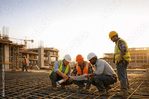 Construction worker civil engineer building site steel reinforcement safety vest hard hat teamwork blueprint project planning rebar Male construction worker and civil engineer building site over