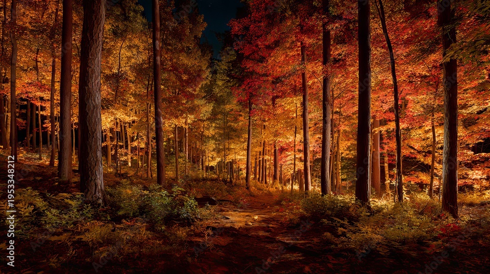 Fototapeta premium Autumn forest at night, glowing fall foliage, dramatic woodland landscape outdoors in fall season