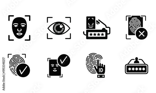 Set of Biometric Security and Identification Icons. Face, Eye, Fingerprint Recognition, Password Authentication. Vector Illustration.