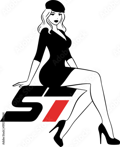 Woman in Black Dress Sitting on ST Logo.