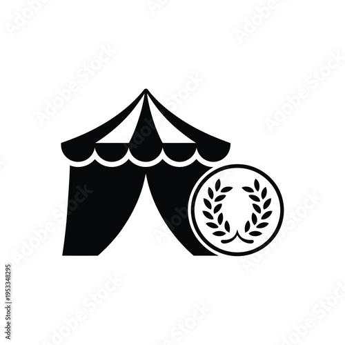 A black silhouette of a circus tent with a laurel wreath emblem