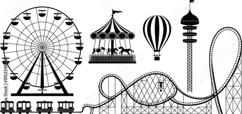 Amusement park silhouette set with roller coaster, ferris wheel, carousel, hot air balloon and carnival rides