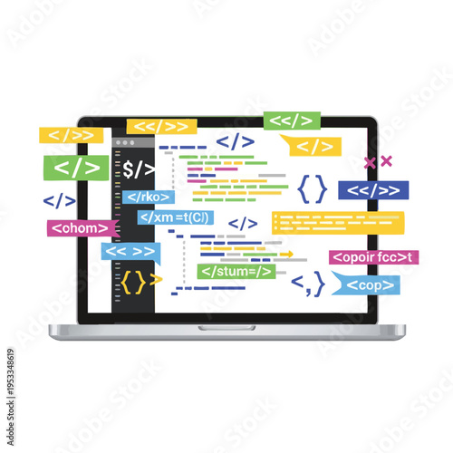Laptop displaying colorful code snippets and programming symbols on white background