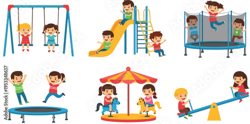 Kids playground vector set with children playing swings, slide, trampoline and carousel, outdoor fun activity illustration