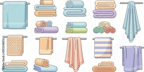 Bath towels vector set with folded and hanging towels, bathroom textile collection, hygiene and spa illustration