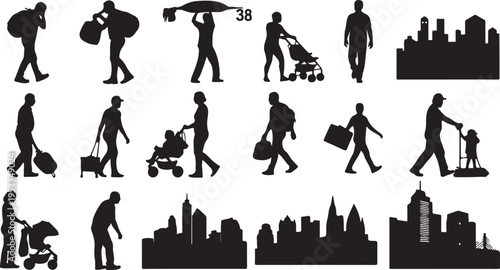 Set of 38 city life silhouettes vector isolated on Transparent Background