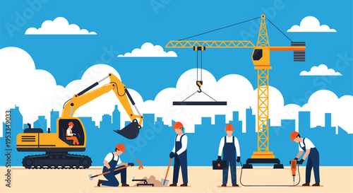 Construction site with crane, excavator, bulldozer, and workers in safety vests building a skyscraper against a city skyline background, illustration