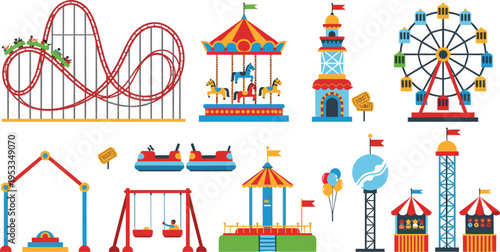 Amusement park vector set with roller coaster, carousel, ferris wheel and carnival rides, funfair entertainment illustration