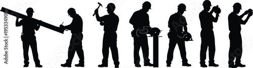 Construction workers silhouette set with carpenters using tools saws and hammers for manual labor cad drawing flat vector illustration industrial