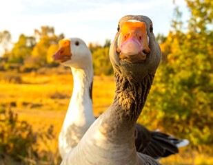 Two geese standing in a field with trees