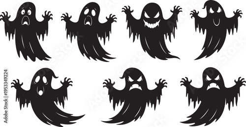 Set of 6 black ghost icons vector isolated on Transparent Background