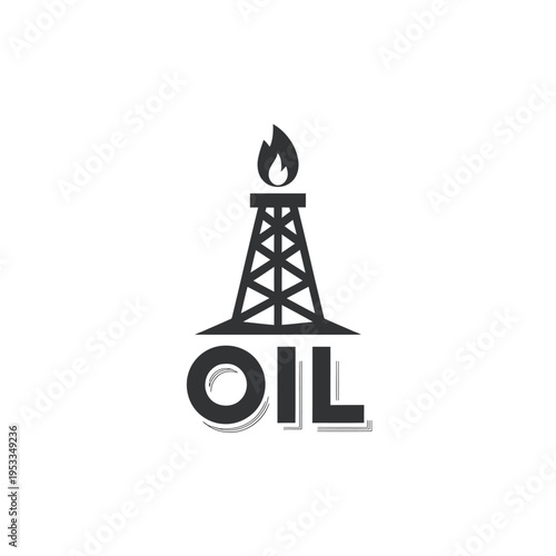 Simple black and white illustration of an oil derrick with the word oil
