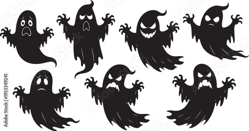 Set of 7 Halloween ghost icons vector isolated on Transparent Background