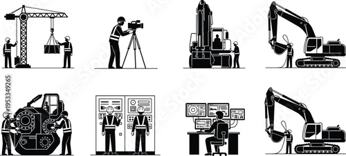 Industrial construction site workers operating heavy machinery cranes and excavators with technical control panel cad drawing flat vector illustration silhouettes
