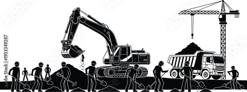 Logistics and shipping silhouette icons with warehouse workers delivery trucks containers and cargo ships cad drawing flat vector illustration set