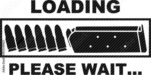 Loading bar with bullets and text LOADING PLEASE WAIT representing a progress indicator with a firearm theme for gaming or tech applications