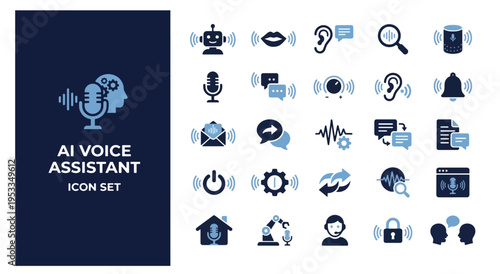Flat design AI voice assistant icon set with smart home and technology symbols on dark background