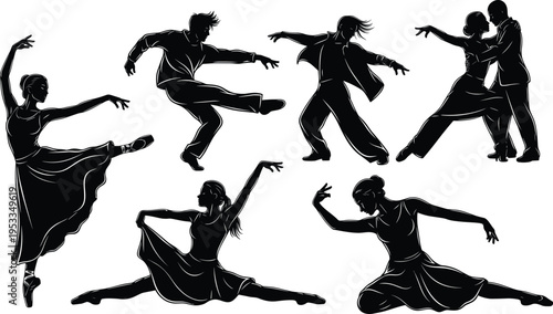 Dance Performance Silhouette Set with Ballet Contemporary and Couple Dancing Poses Artistic Movement Collection Isolated on White Background