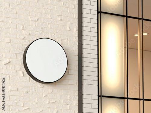 A blank round sign on a white brick wall next to a glass window