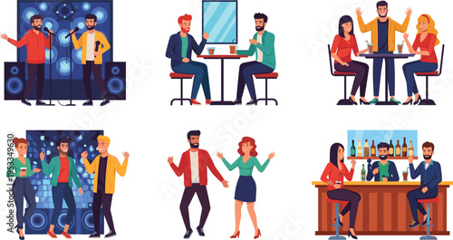 People social activities vector set with friends meeting, party, dancing, bar and casual conversation illustration collection