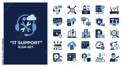 Flat design IT support icon set with tech symbols and digital service elements on dark blue background