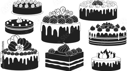 Delicious Cake Dessert Silhouette Set with Chocolate Strawberry Cream Layer Birthday Pastry Collection Isolated on White Background