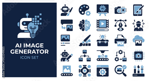 AI image generator icon set with futuristic technology and digital creativity concepts on dark background