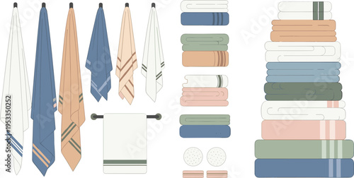 Bathroom Towels and Textile Vector Illustration Set with Hanging Towels, Folded Fabric Stacks, Soft Cloth, Home Linen, and Minimal Interior Design Collection