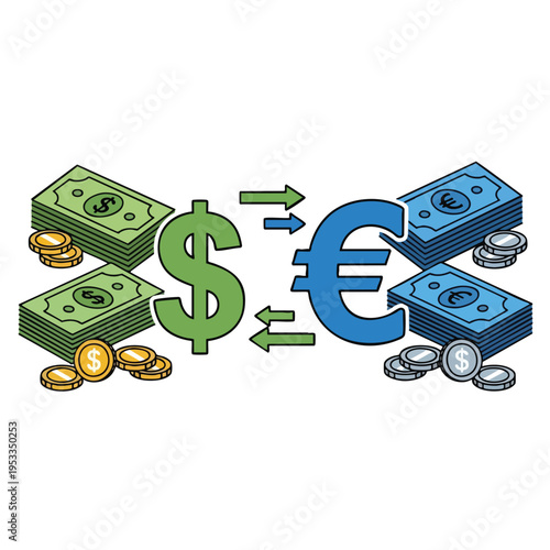 Dollar and Euro currency exchange with arrows and stacks of money