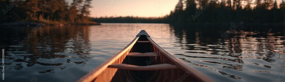 Fototapeta premium A serene canoe glides over calm waters at sunset, surrounded by lush forests, creating a peaceful and tranquil scene.