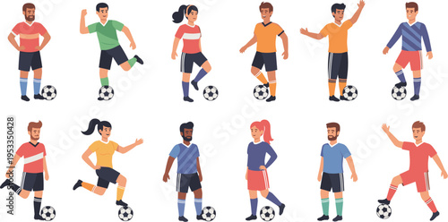 Soccer Players Character Vector Illustration Set with Male and Female Football Athletes, Ball Control, Dribbling Poses, and Team Sports Collection