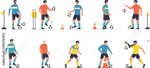 Soccer Training and Dribbling Practice Vector Illustration Set with Football Players, Cones, Equipment, Skill Exercises, and Coaching Activity Collection
