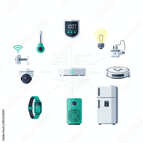 Central hub connects smart home devices including cameras, fridge, and thermostat