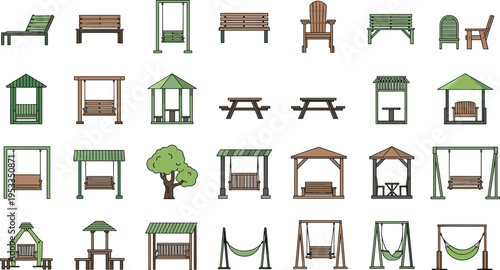 Outdoor Garden Furniture and Park Structures Vector Illustration Set with Benches, Gazebos, Swings, Picnic Tables, Pergolas, and Wooden Seating Collection