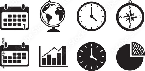 Set of 8 business icons vector, including calendar, globe, clock, compass, graph, chart, pie chart isolated on Transparent Background