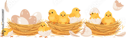 Cute Baby Chicks in Nest Vector Illustration with Eggs, Hatching Chickens, Farm Animals, Spring Season, and Adorable Cartoon Poultry Scene Collection