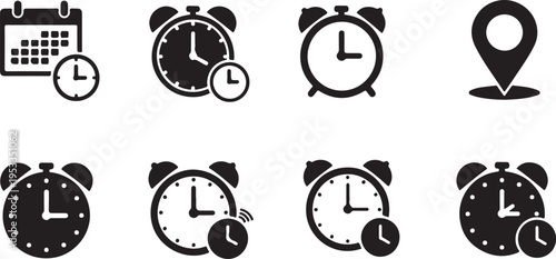 Set of 8 alarm clock icons vector isolated on Transparent Background