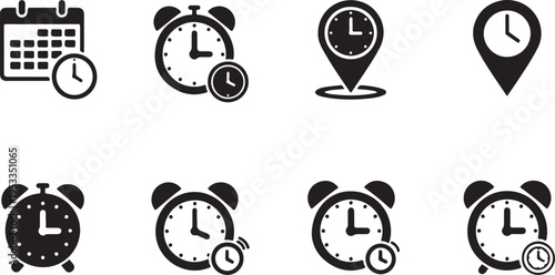 Set of 8 clock and time icons vector isolated on Transparent Background