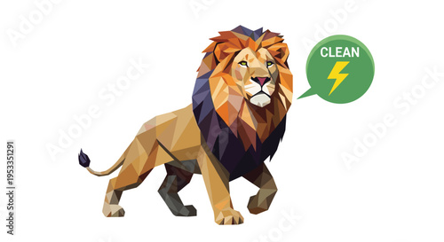 A majestic polygonal lion stands with a green speech bubble above its head displaying CLEAN and a yellow lightning bolt.