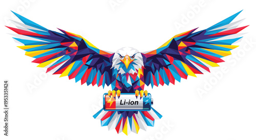 A majestic polygonal eagle with outstretched wings carries a Li-ion battery in its talons against a white background.