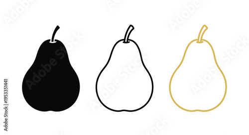Three pears shown in varying styles including a dark silhouette